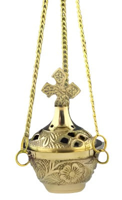 4" Cross Carved Brass Hanging Censer Burner