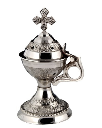 5" Chrome Carved Cross Charcoal Censer Burner with Hinge Lid