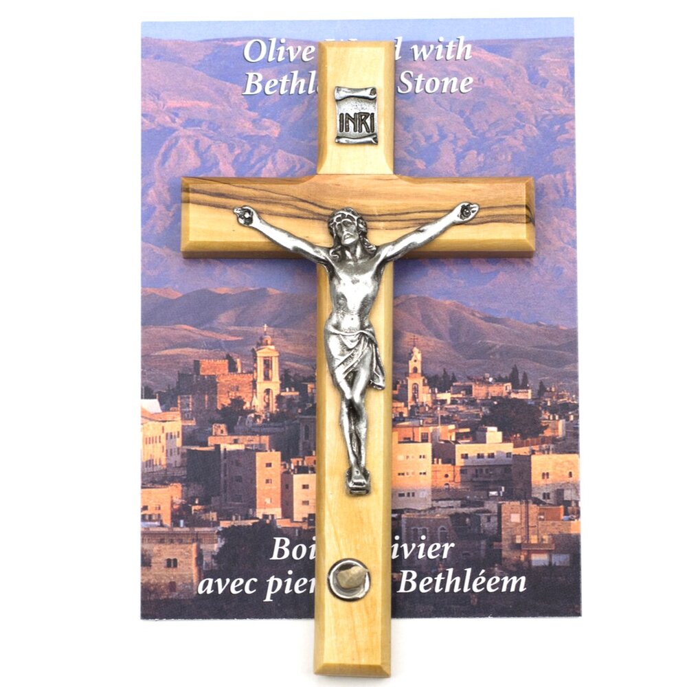 5" Olive Wood Crucifix with Bethlehem Stone