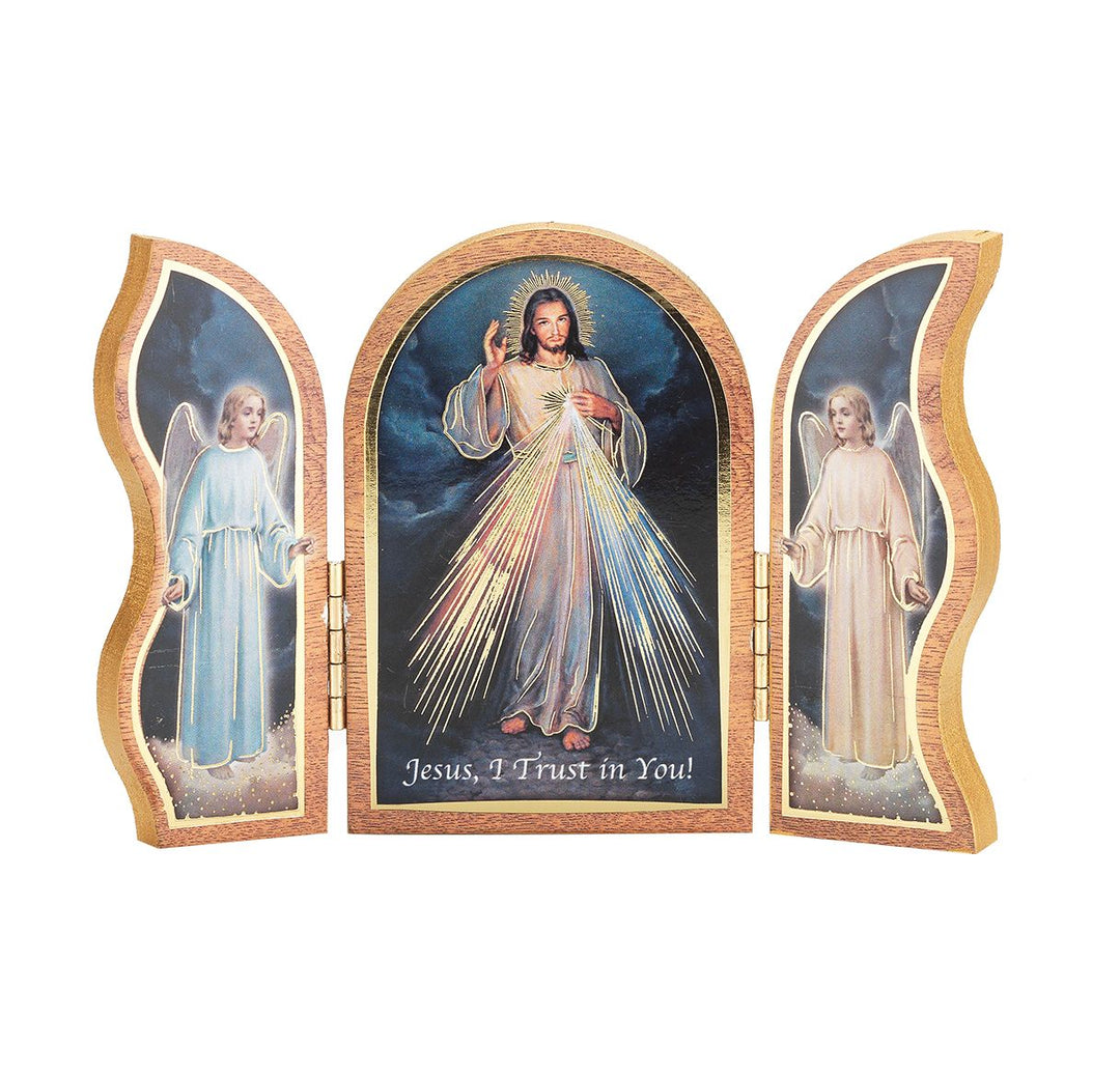 3.5" Divine Mercy Natural Wood Triptych