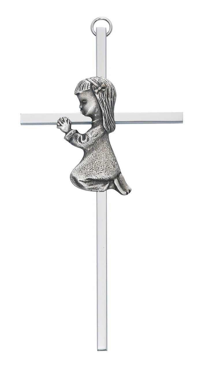 6" Silver Praying Girl Cross