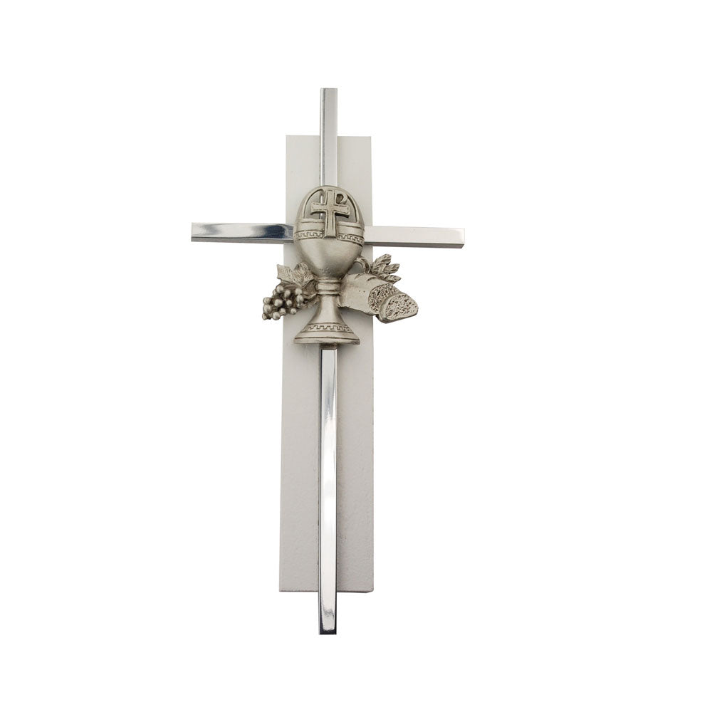 6" Silver with White Wood Communion Cross Boxed