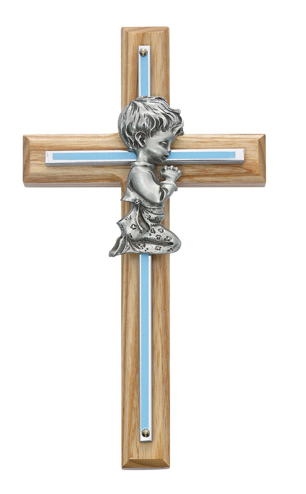 7" Oak Silver & Blue Praying Boy Cross