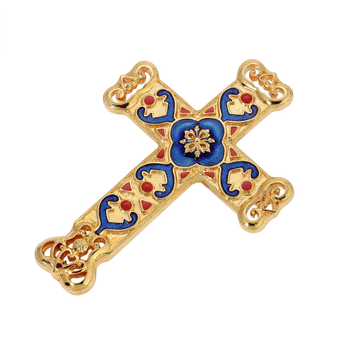 Antigua Enamel Cross & Heart Brooch - Gold Tone