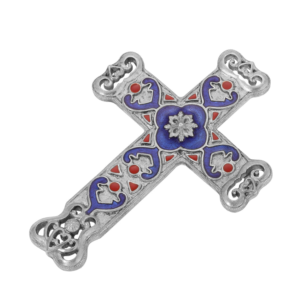 Antigua Enamel Cross & Heart Brooch - Silver Tone