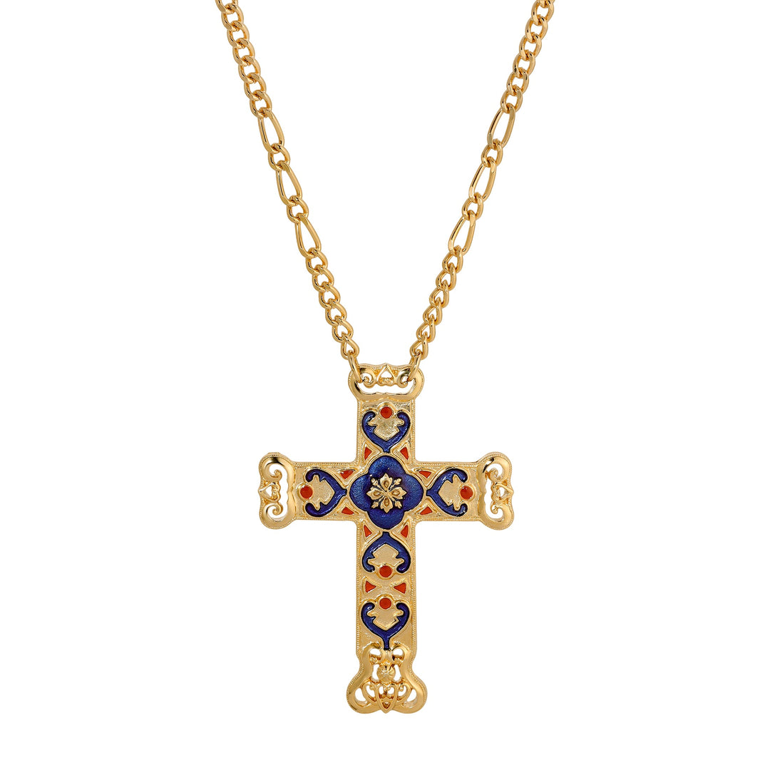 Antigua Enamel Cross & Heart Pendant Necklace - Gold Tone