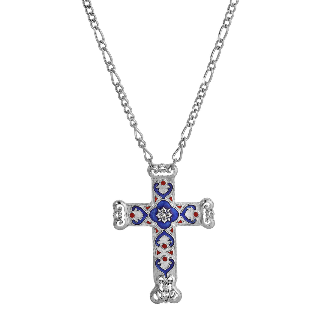 Antigua Enamel Cross and Heart Pendant Necklace - Silver Tone