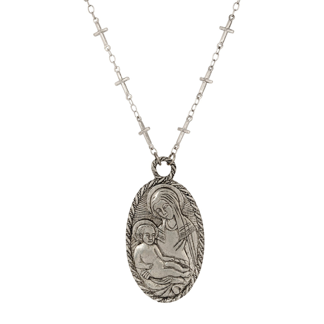 Antiqued Madonna and Child Oval Pendant Cross Necklace