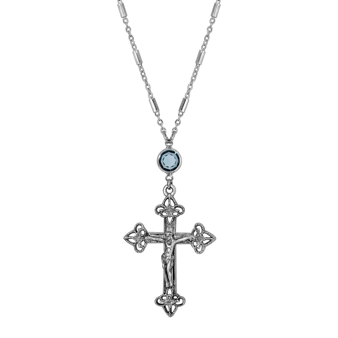 Antiqued Pewter Crucifix Blue Channel Necklace Chain