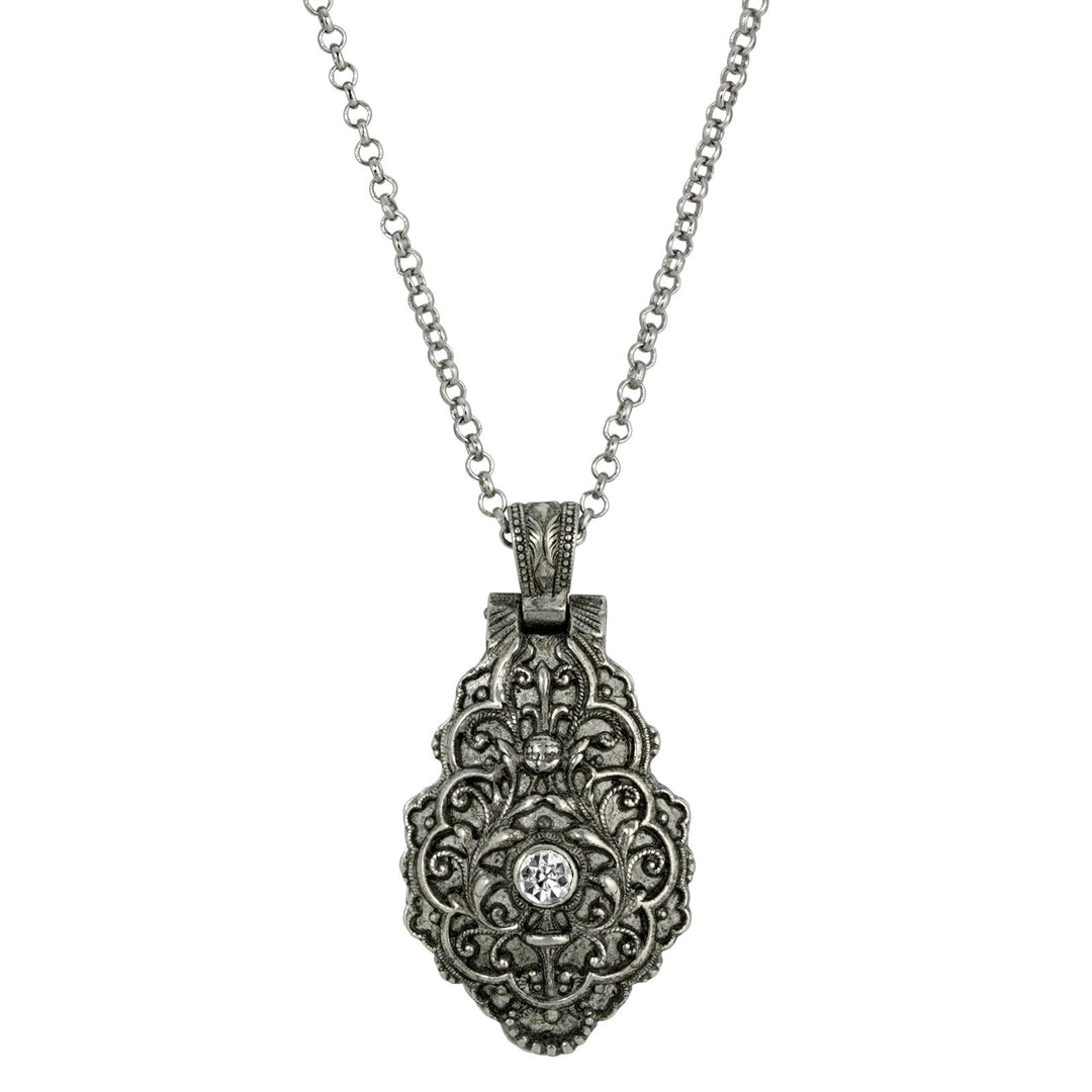 Antiqued Pewter Crystal Blue Enamel Virgin Mary Locket Pendant Necklace