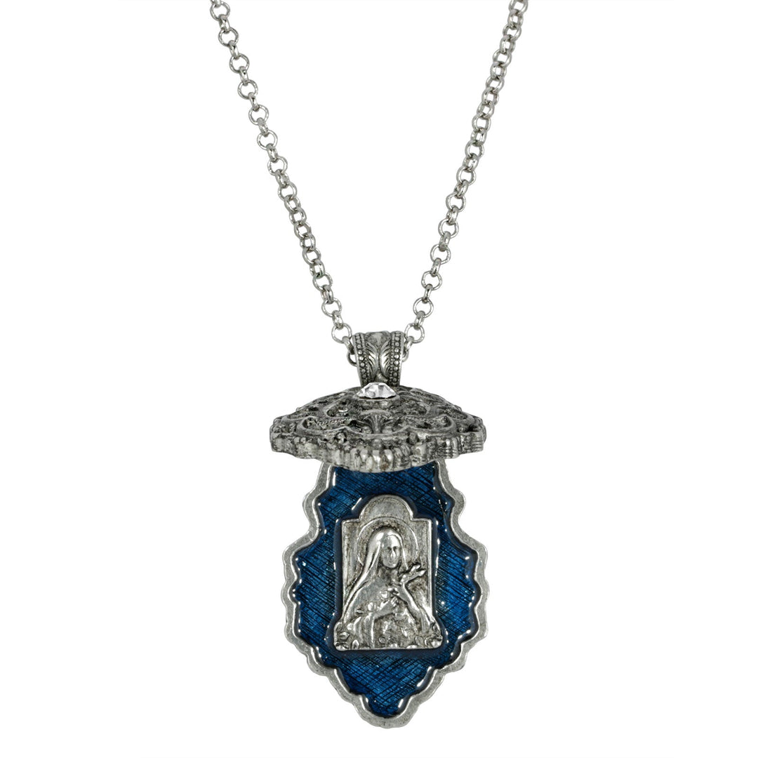 Antiqued Pewter Crystal Blue Enamel Virgin Mary Locket Pendant Necklace