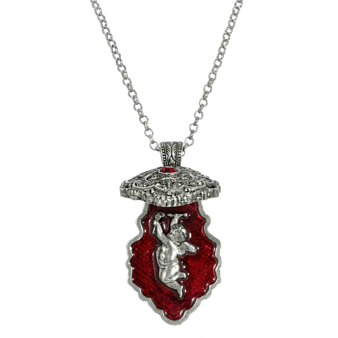 Antiqued Pewter Red Enamel Cherub Locket Pendant Necklace