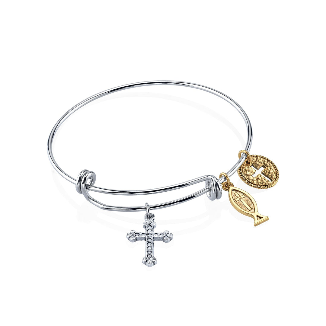 Bangle Bracelet with Cross Fish and Medallion Charms