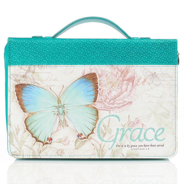 Grace Butterfly Blessings Teal Faux Leather Fashion Bible Cover - Ephesians 2:8