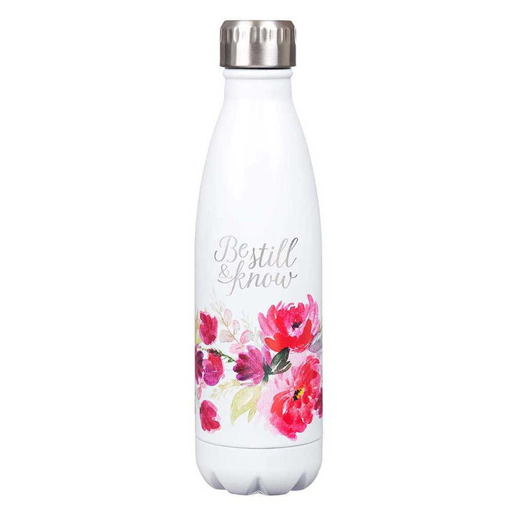Be Still & Know White Floral Stainless Steel Water Bottle