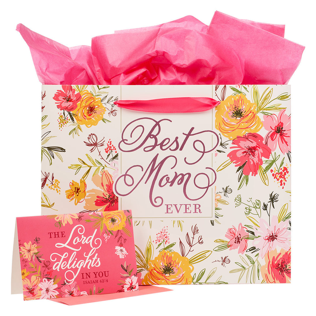 Best Mom Ever Pink Floral Large Gift Bag with Card - Isaiah 62:4