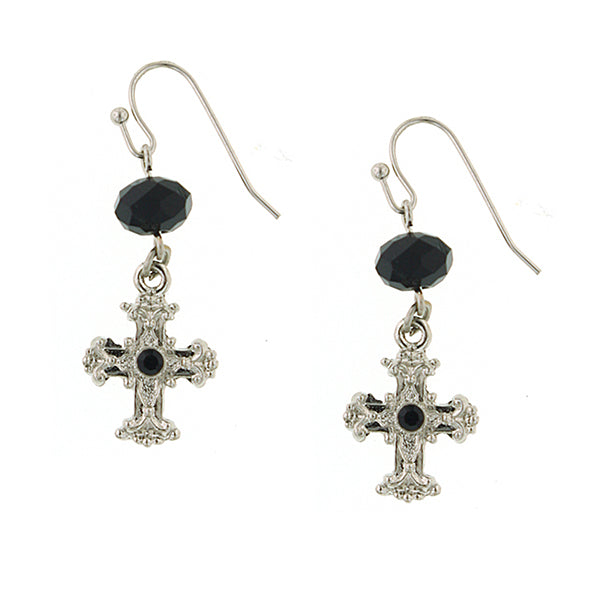 Black Crystal Cross & Bead Drop Earrings