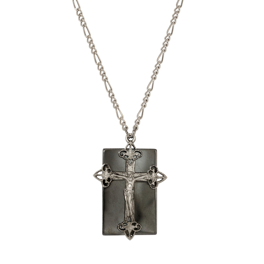 Black Hematite Gemstone & Crucifix Pendant Necklace