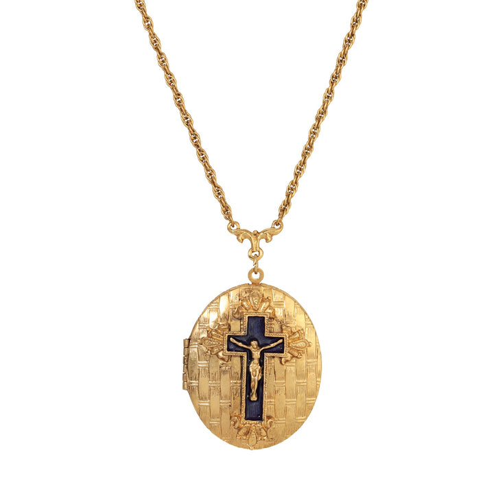 Blue Enamel Cross Textured Oval Locket Necklace