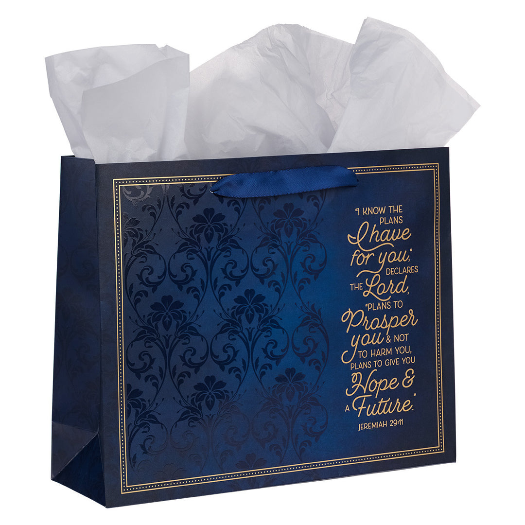 Blue Floral Trellis Large Landscape Gift Bag with Card - Jeremiah 29:11