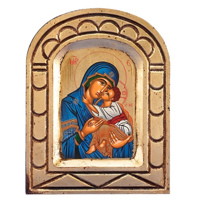 Hand-Painted Blue Madonna Gold Leaf Arch Icon