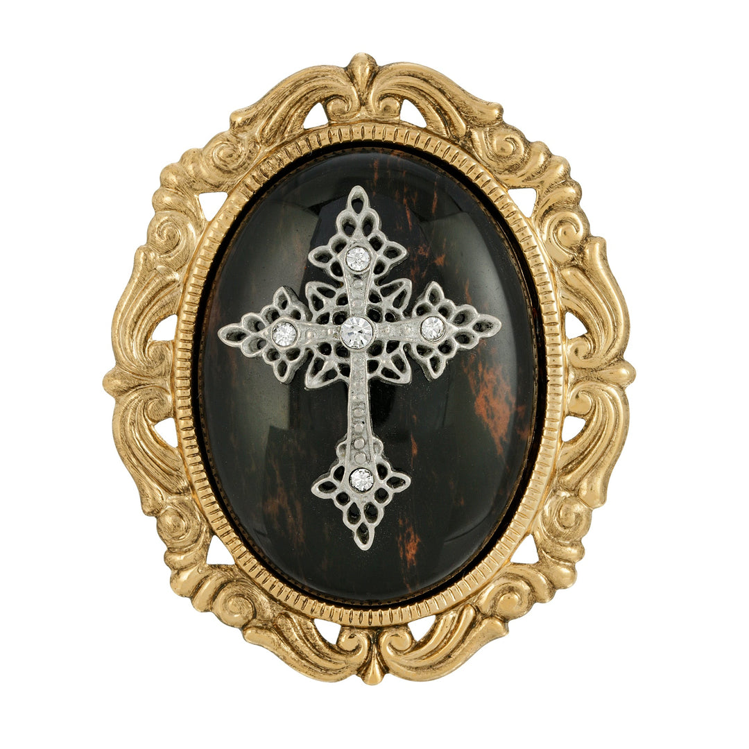 Brown Obsidian Oval Pendant with Cross Brooch