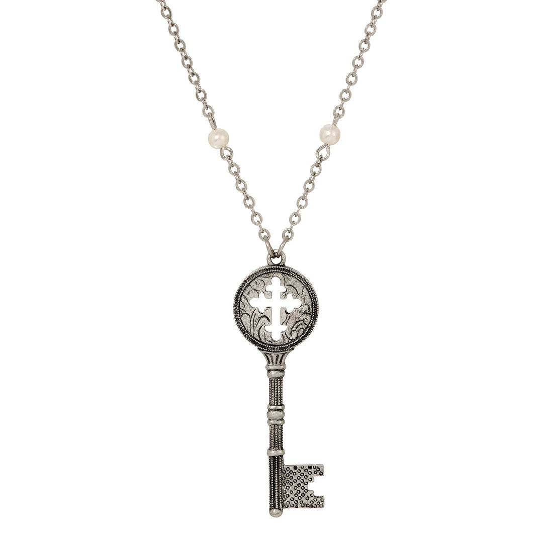 Budded Cross Key Pendant Faux Pearl Accent Necklace