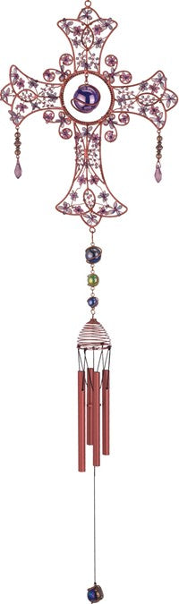 Copper Cross Wind Chime with Blue Flowers
