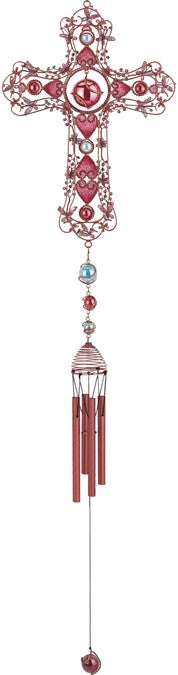 Copper Cross Wind Chime with Pink Heart