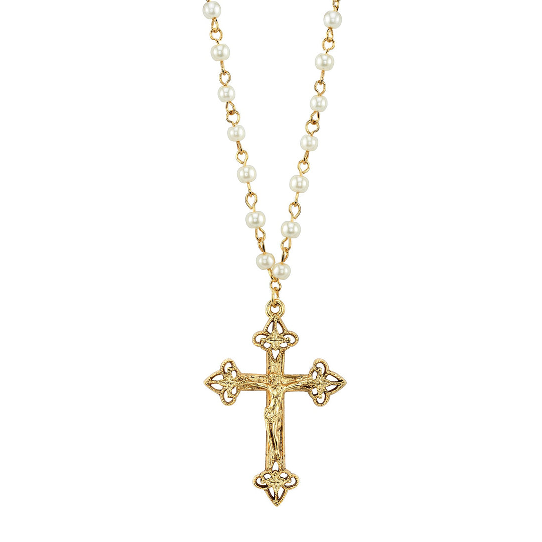 Costume Pearl Chain Crucifix Cross Pendant Necklace