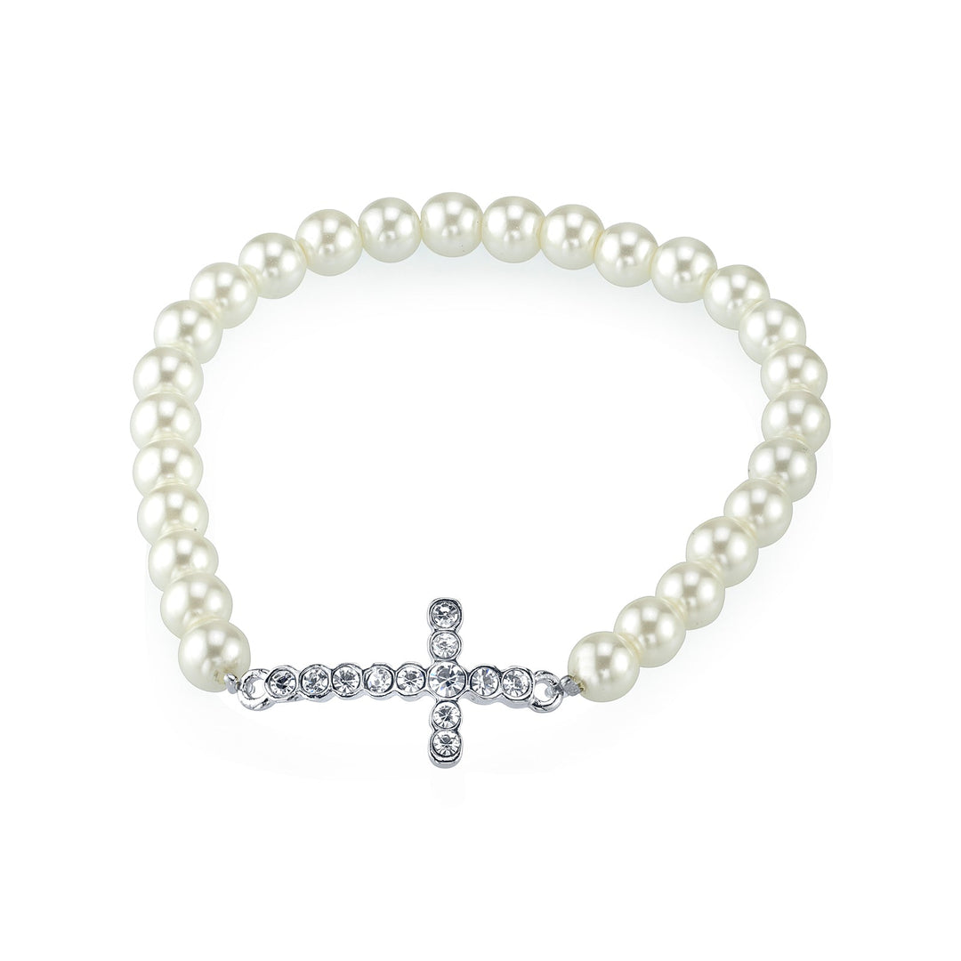 Costume Pearl Crystal Cross Stretch Bracelet