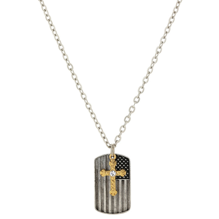Cross Charm and American Flag Dog Tag Pendant Necklace