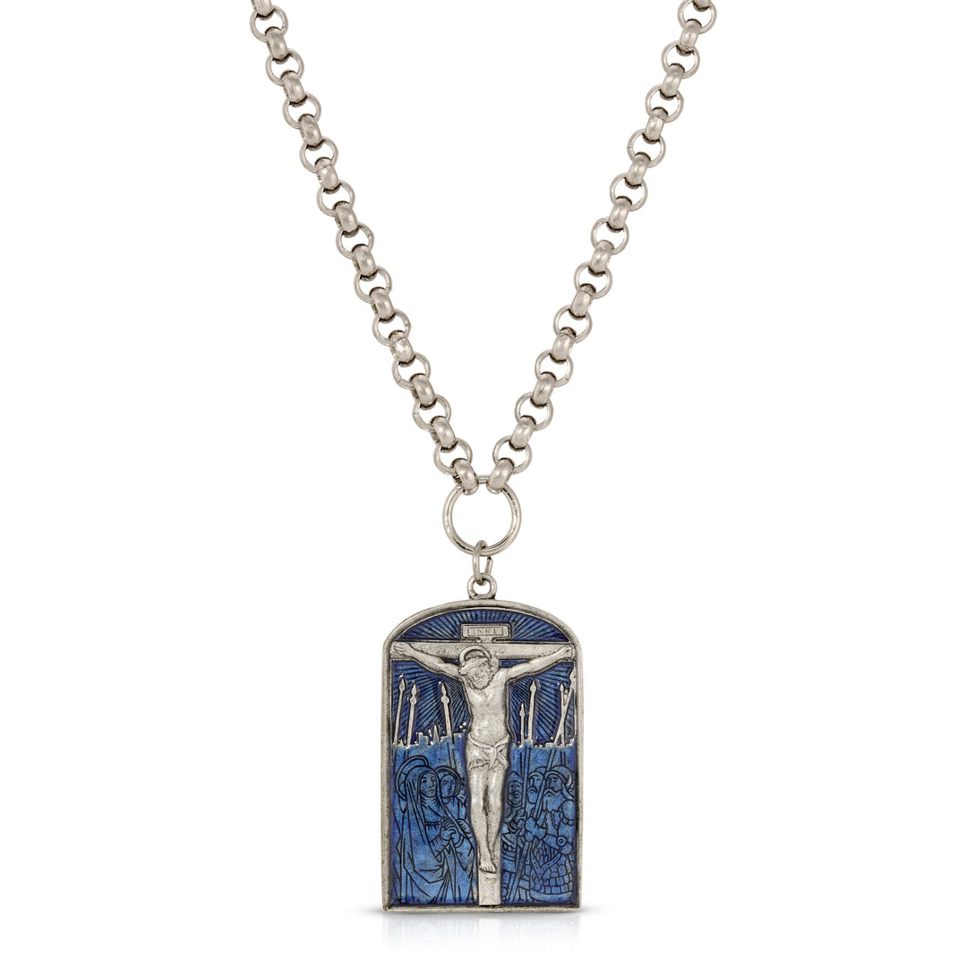 Crucifixion Scene Blue Enamel Pendant Necklace