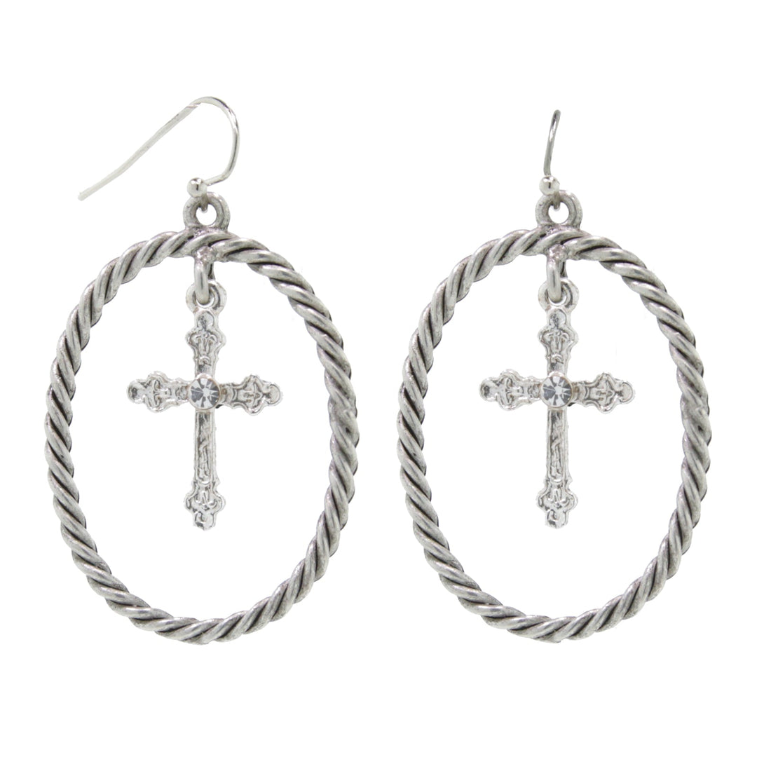 Crystal Accent Suspended Cross Drop Hoop Earrings