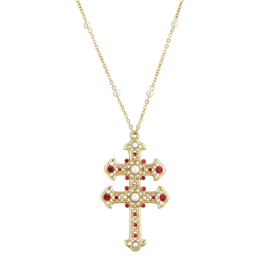 Crystal and Pearl Double Cross Necklace