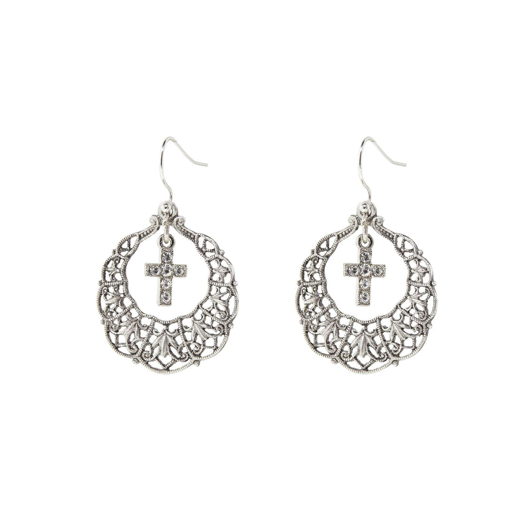 Crystal Cross Pewter Drop Hoop Earrings