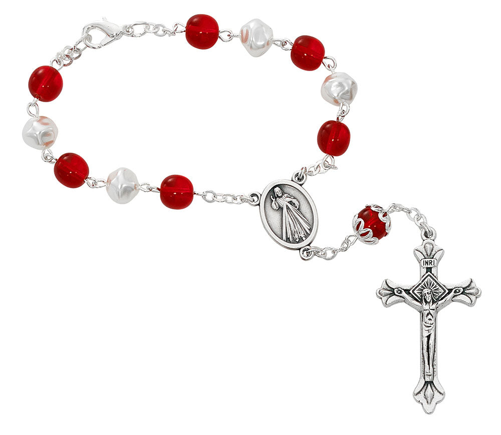 Red & White Divine Mercy Auto Rosary