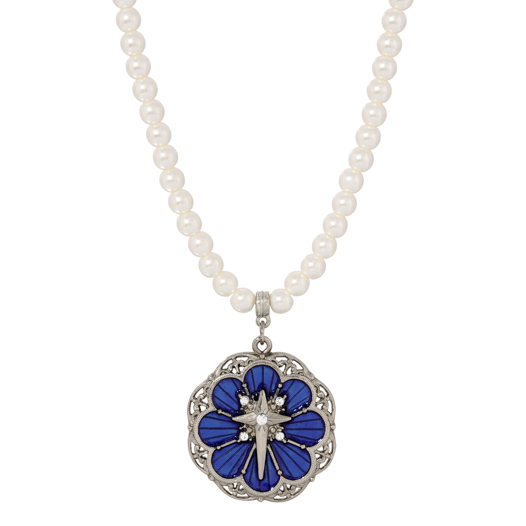 Faux Pearl Strand Rose and Blue Enamel Cross Pendant Necklace