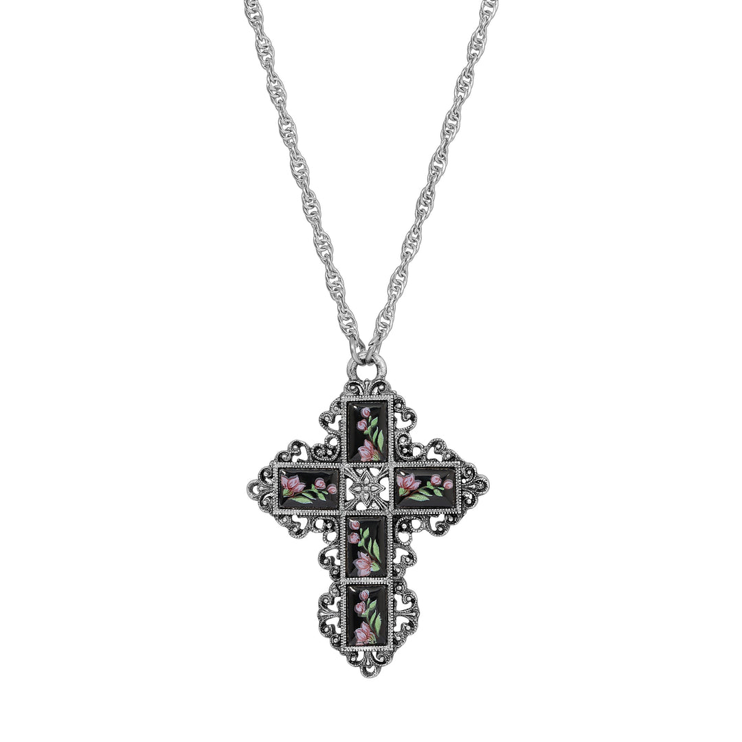 Filigree Cross Pink Floral Enamel Stone Necklace