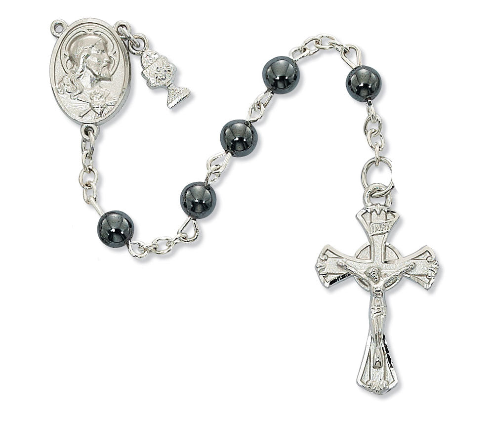 First Communion 5mm Hematite Rosary