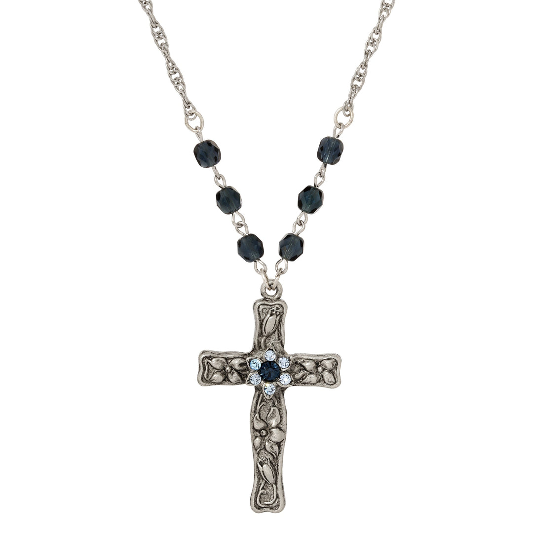 Floral Blue Crystal Cross Pendant Necklace