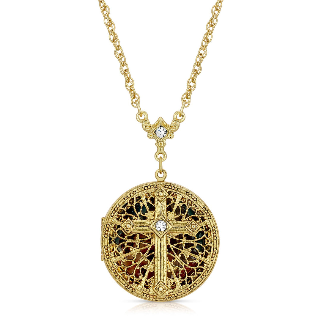 Gold Dipped Crystal Cross Mary and Child Locket Necklace