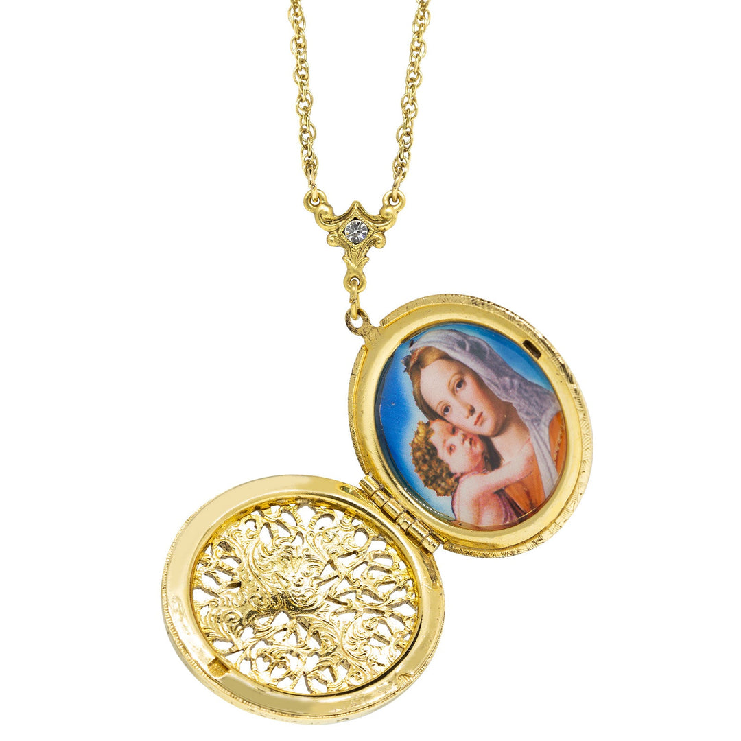 Gold Dipped Crystal Cross Mary and Child Locket Necklace