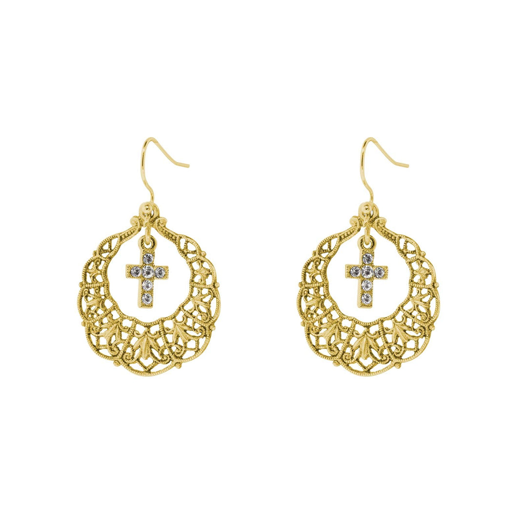 Gold Hoop Crystal Cross Drop Earrings