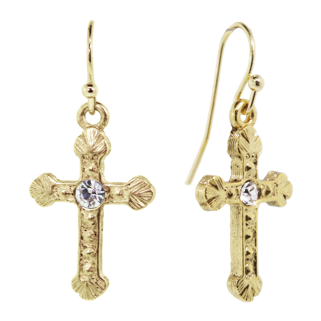 Gold-Tone Crystal Accent Ornate Cross Drop Earrings