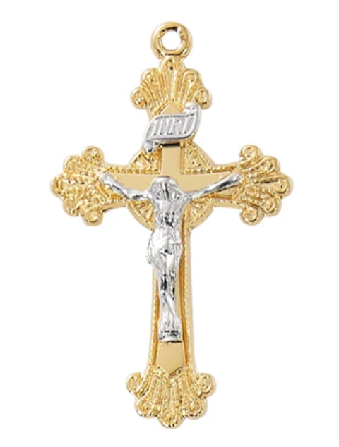 Gold & Sterling Silver Fancy Two-Tone Crucifix on 16-18" Chain