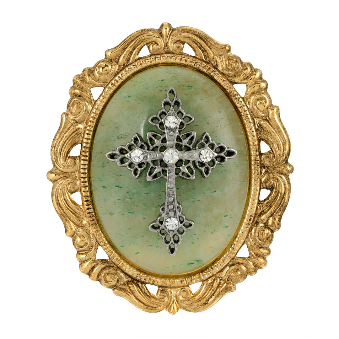 Green Aventurine Oval Pendant with Cross Brooch