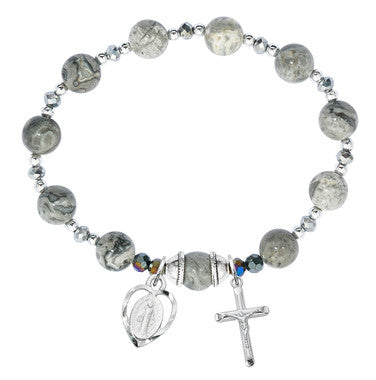 Grey Marble Rosary Stretch Bracelet with Cross and Miraculous Mary Heart Piece