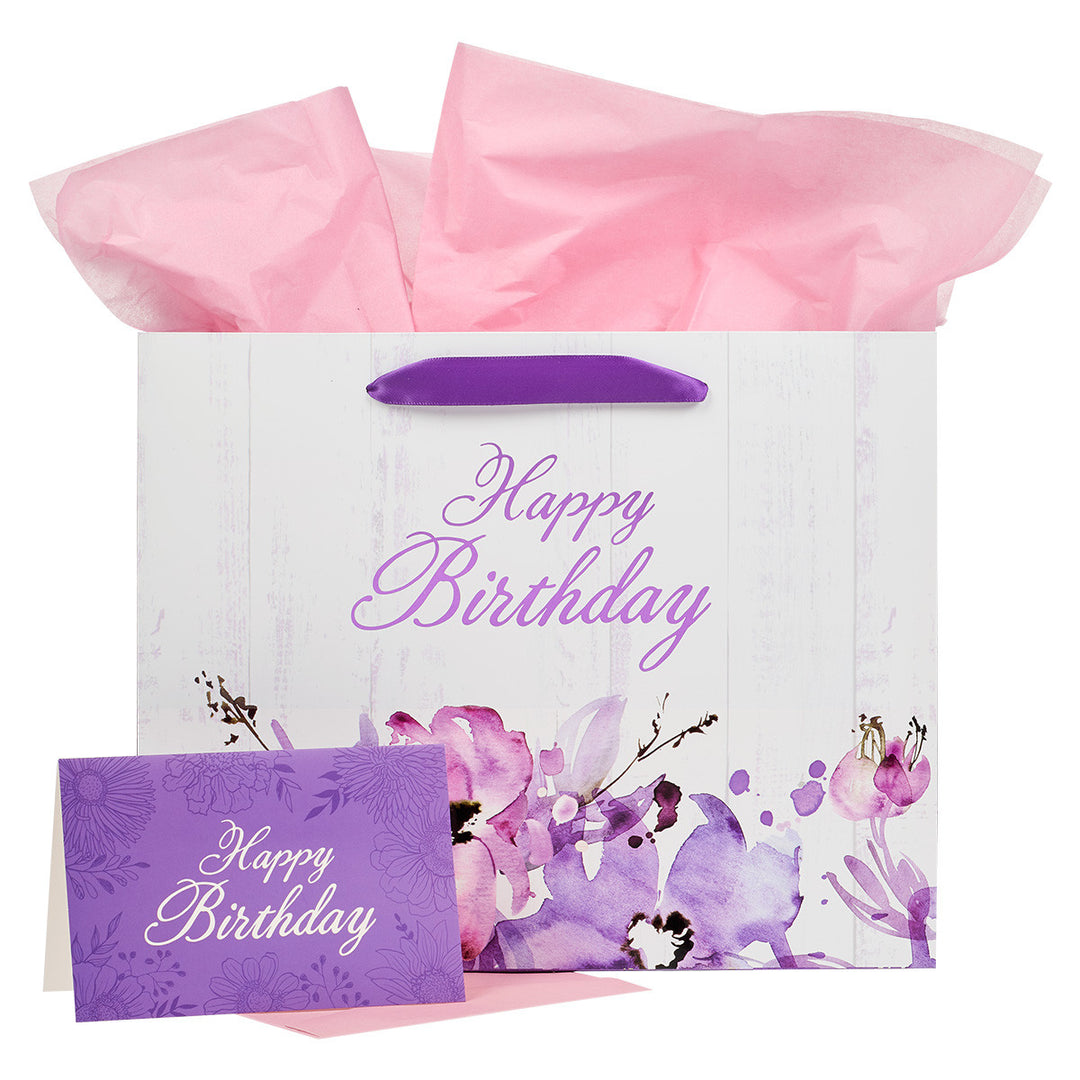 Happy Birthday Purple Floral Large Landscape Gift Bag and Card Set