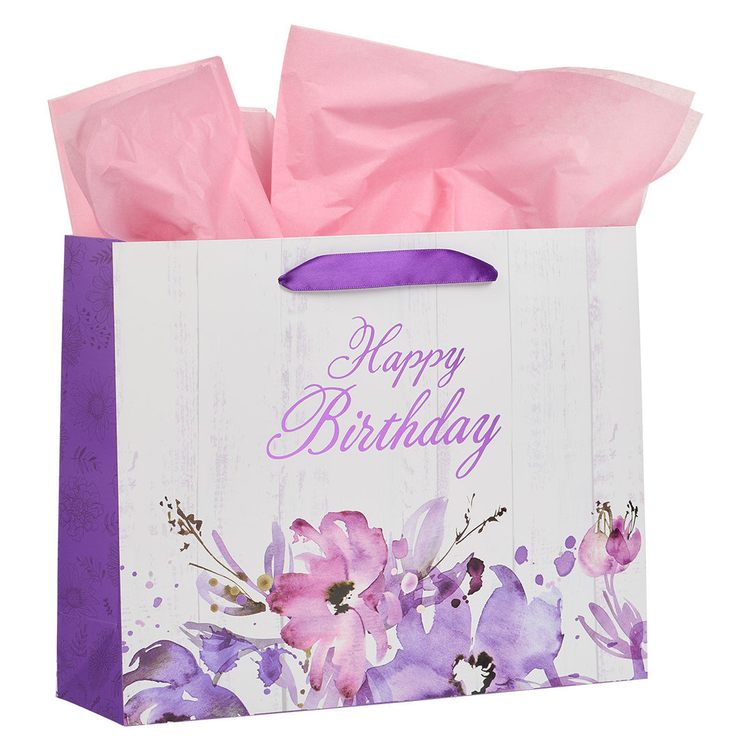 Happy Birthday Purple Floral Large Landscape Gift Bag and Card Set